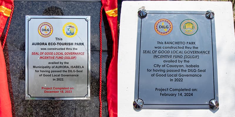 SGLG-IF markers of the completed Aurora Eco-Tourism Park (left) and Banchetto Park at the City of Cauayan (right)