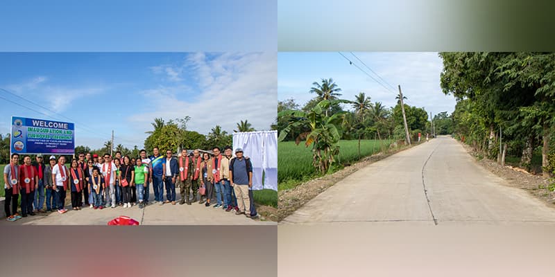 NGA representatives from DILG, AFP, NICA, and PIA pose with the LGU and Barangay Tucalan Passing officials (left); concreted farm-to-market road with cross drainage funded through the 2022 SGLGIF (right)